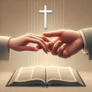 A man’s hand gently holding his wife’s hand over an open Bible, with a regular cross subtly placed in the background. The scene is softly lit with warm tones, symbolizing faith, love, and commitment.