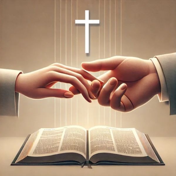 A man’s hand gently holding his wife’s hand over an open Bible, with a regular cross subtly placed in the background. The scene is softly lit with warm tones, symbolizing faith, love, and commitment.